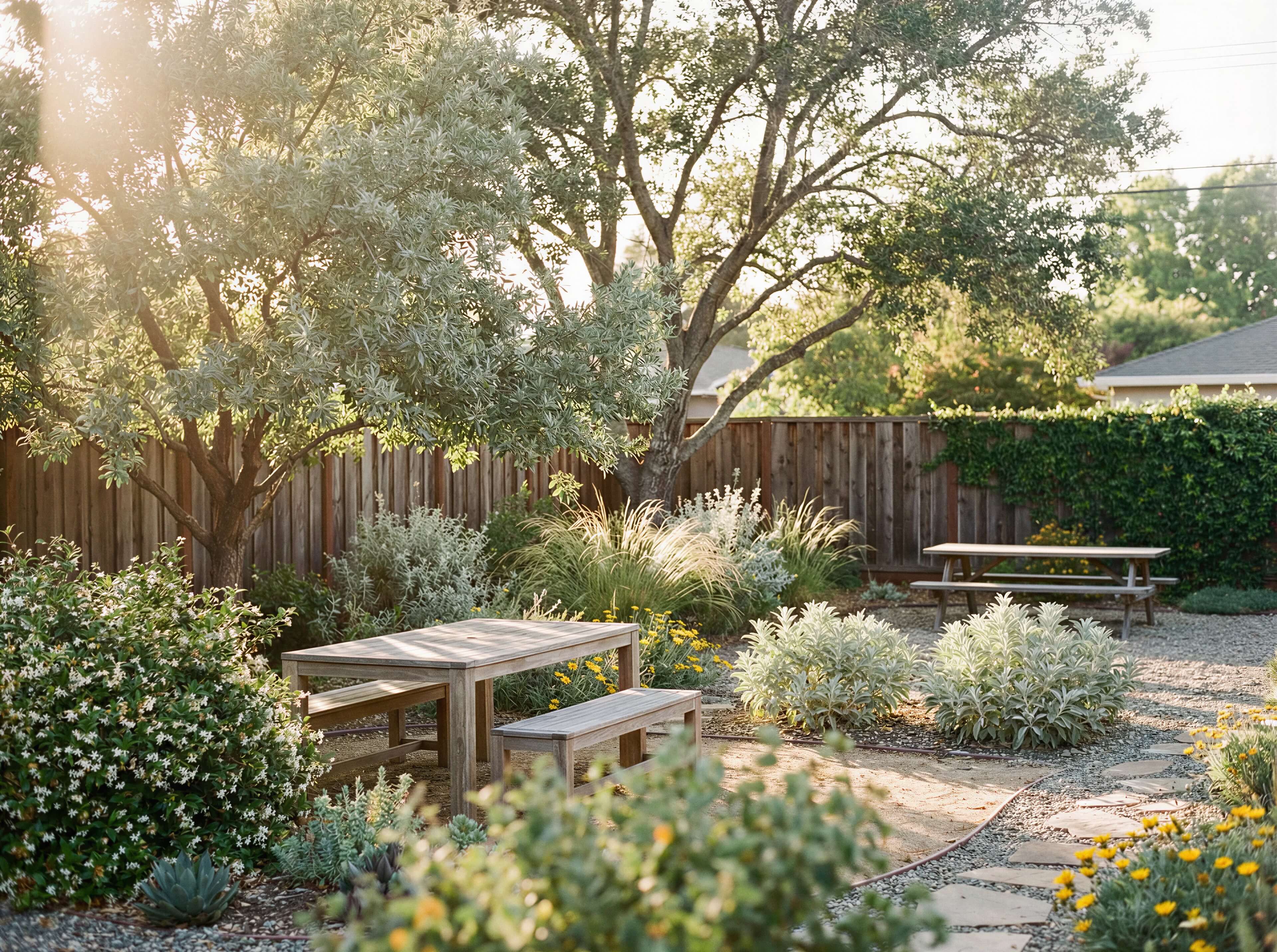 Professional landscape design with flowering plants and natural stone pathways